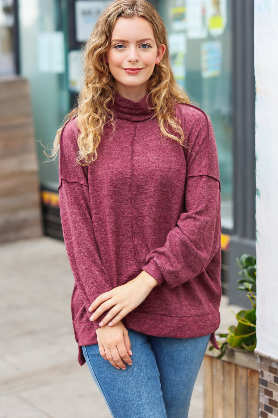 Burgundy Brushed Melange Mock Neck Sweater