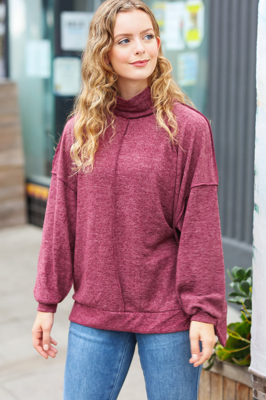 Burgundy Brushed Melange Mock Neck Sweater