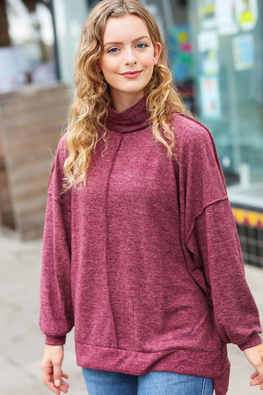 Burgundy Brushed Melange Mock Neck Sweater