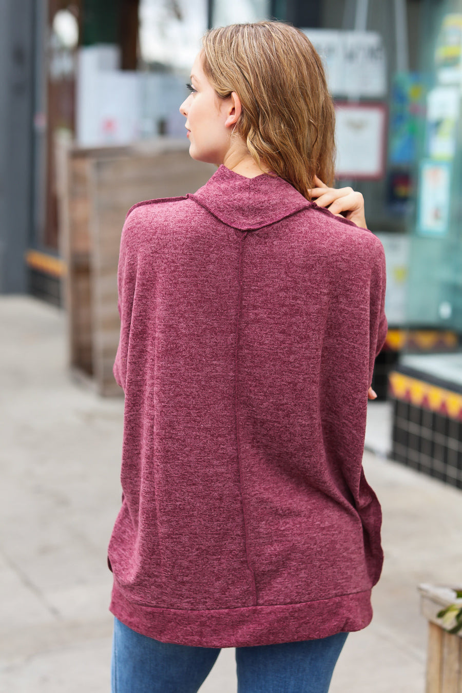 Burgundy Brushed Melange Mock Neck Sweater