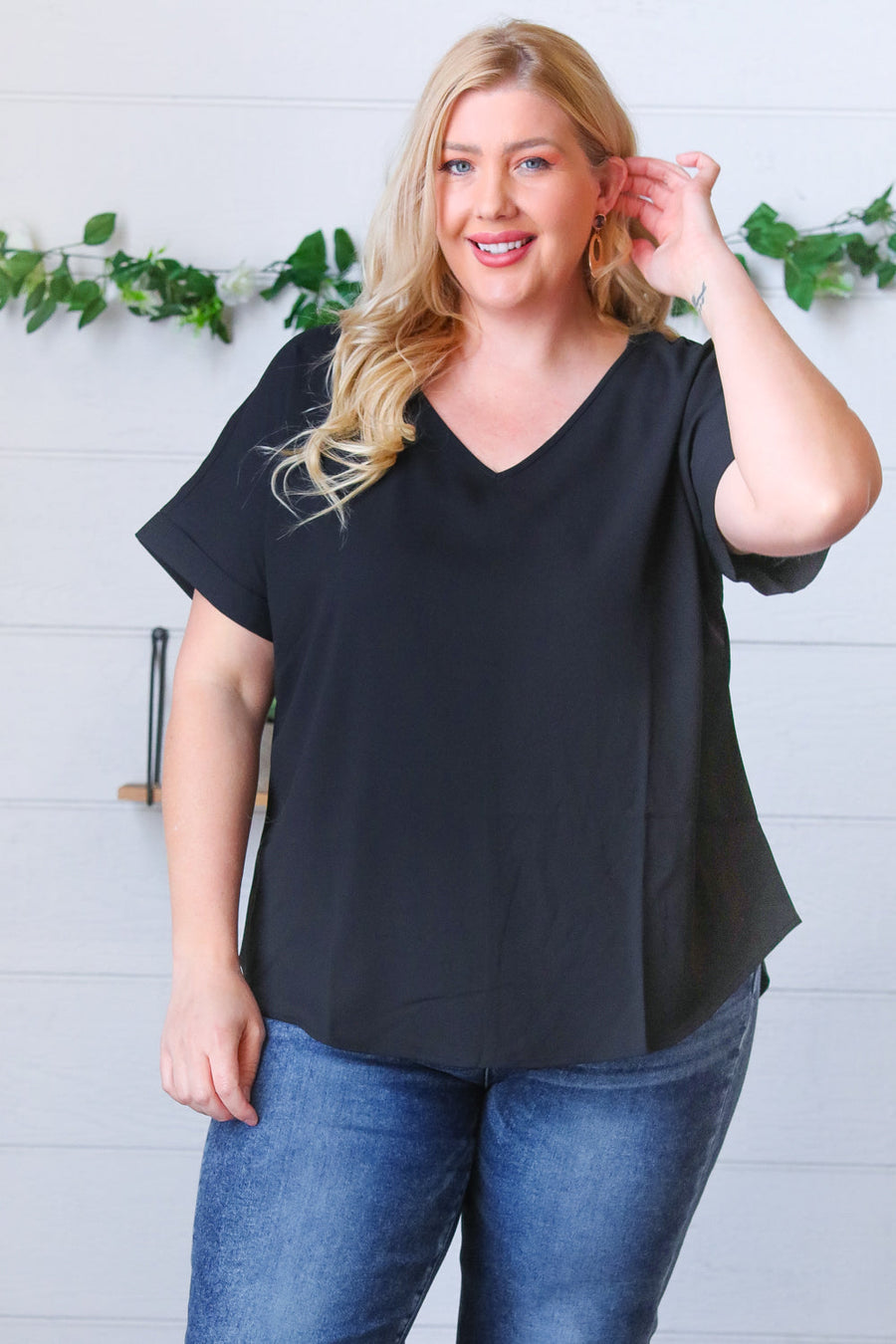 Medium Black Woven V Neck