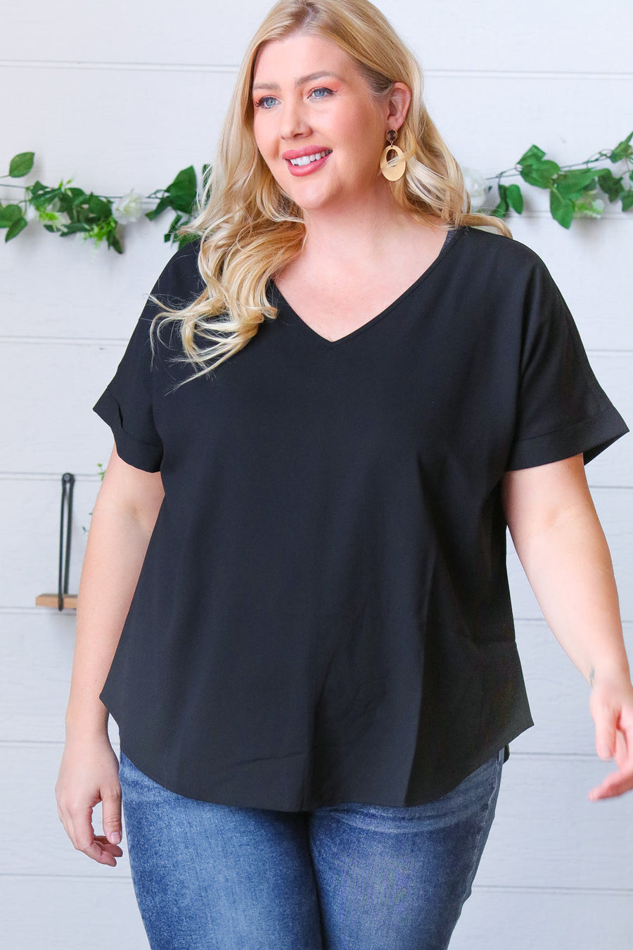Medium Black Woven V Neck