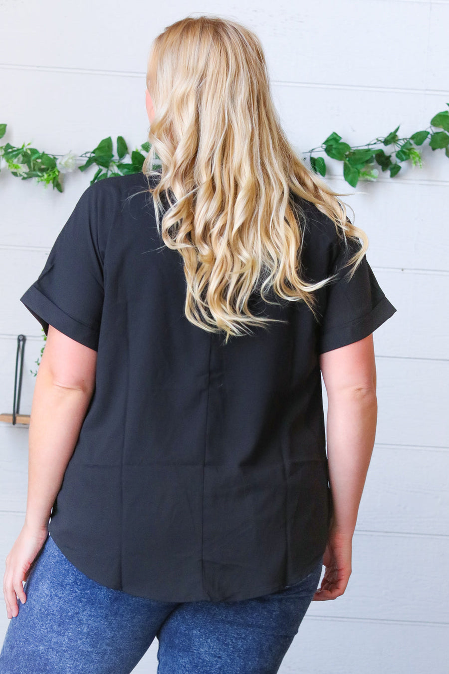 Medium Black Woven V Neck