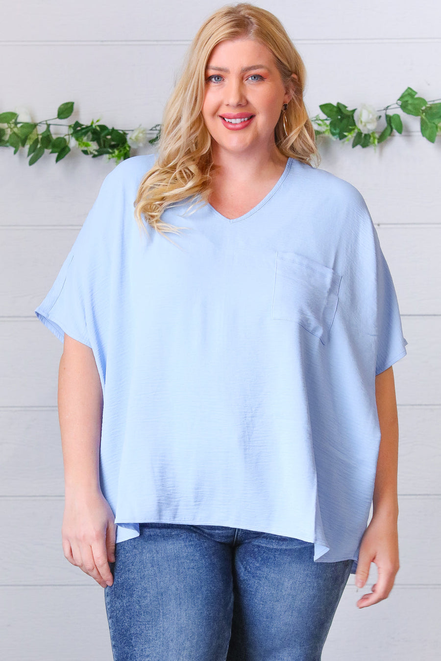 XL Baby Blue Woven V Neck