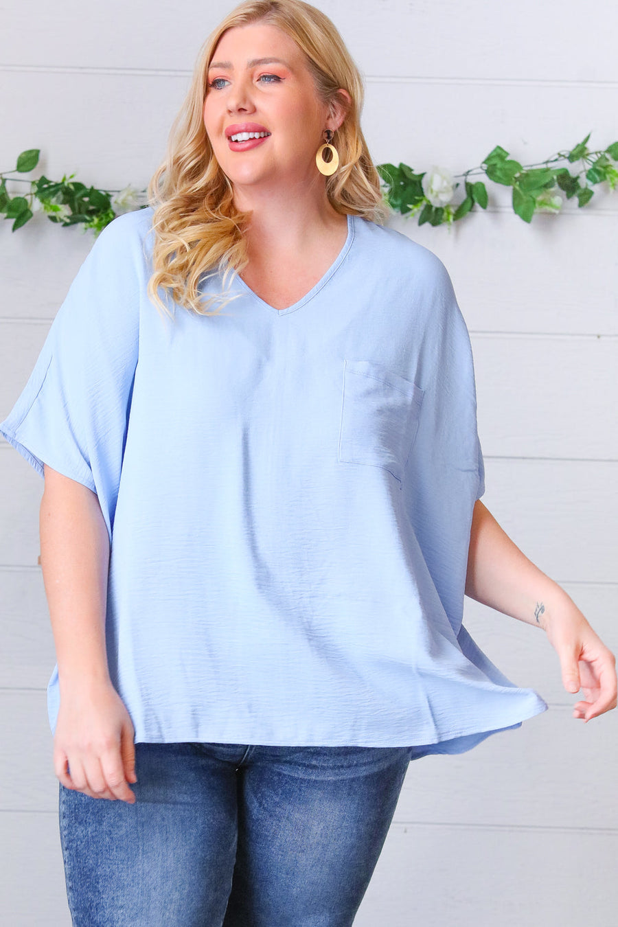 XL Baby Blue Woven V Neck