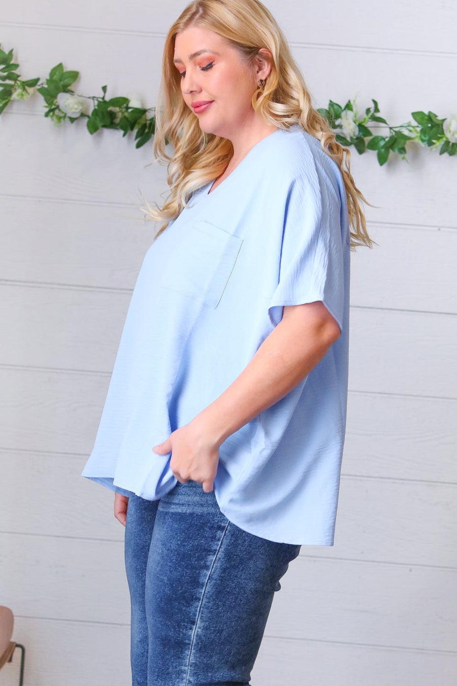 XL Baby Blue Woven V Neck