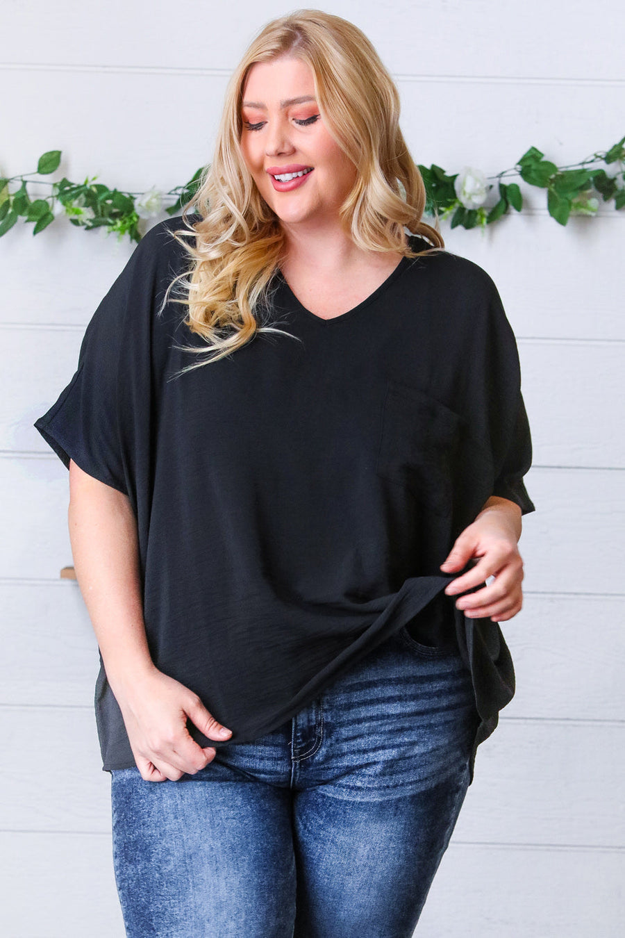 Medium Black Woven V Neck