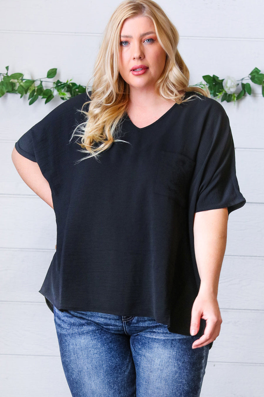Medium Black Woven V Neck