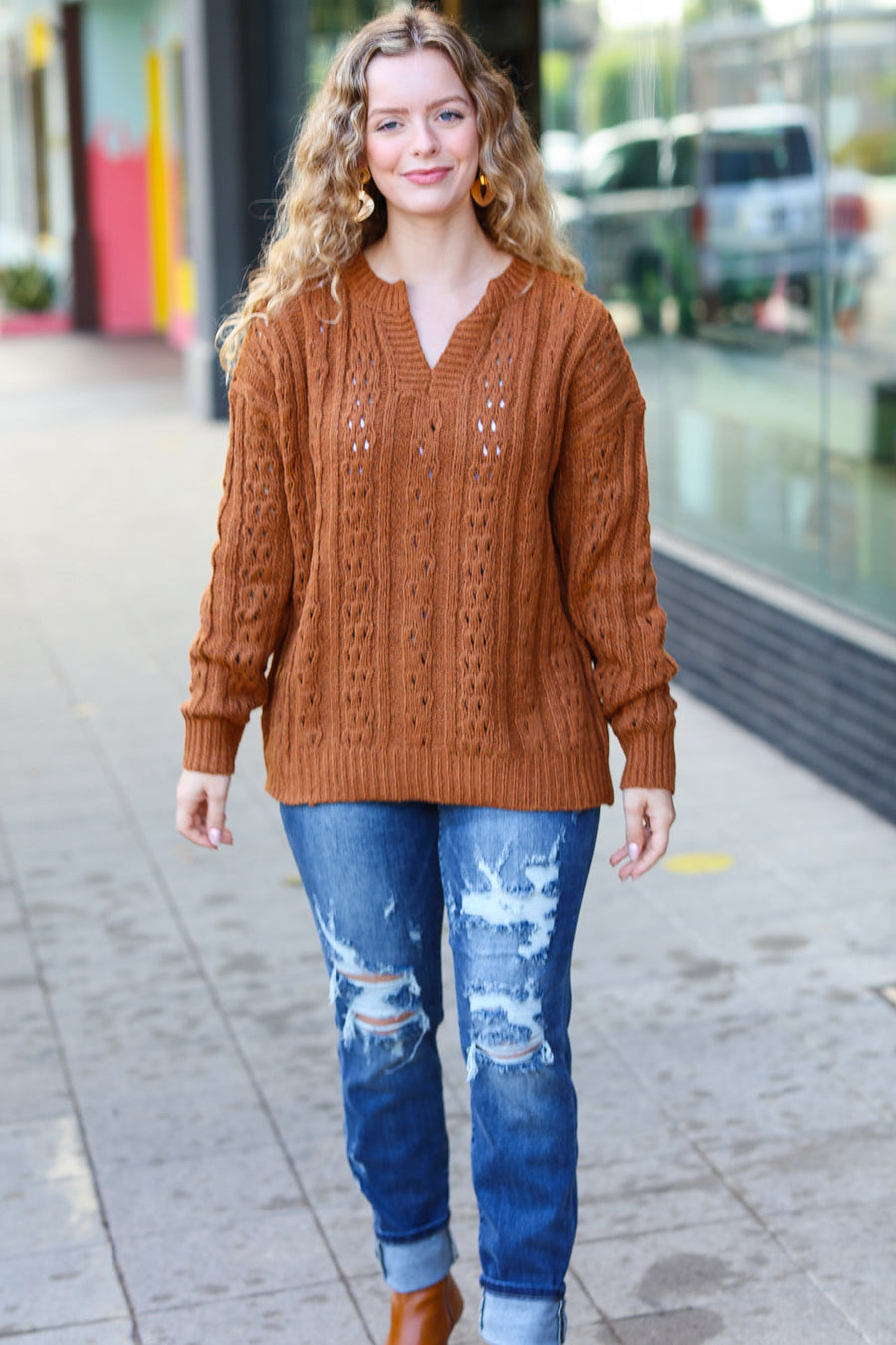 Cable Knit Knotched Neck Pullover Sweater