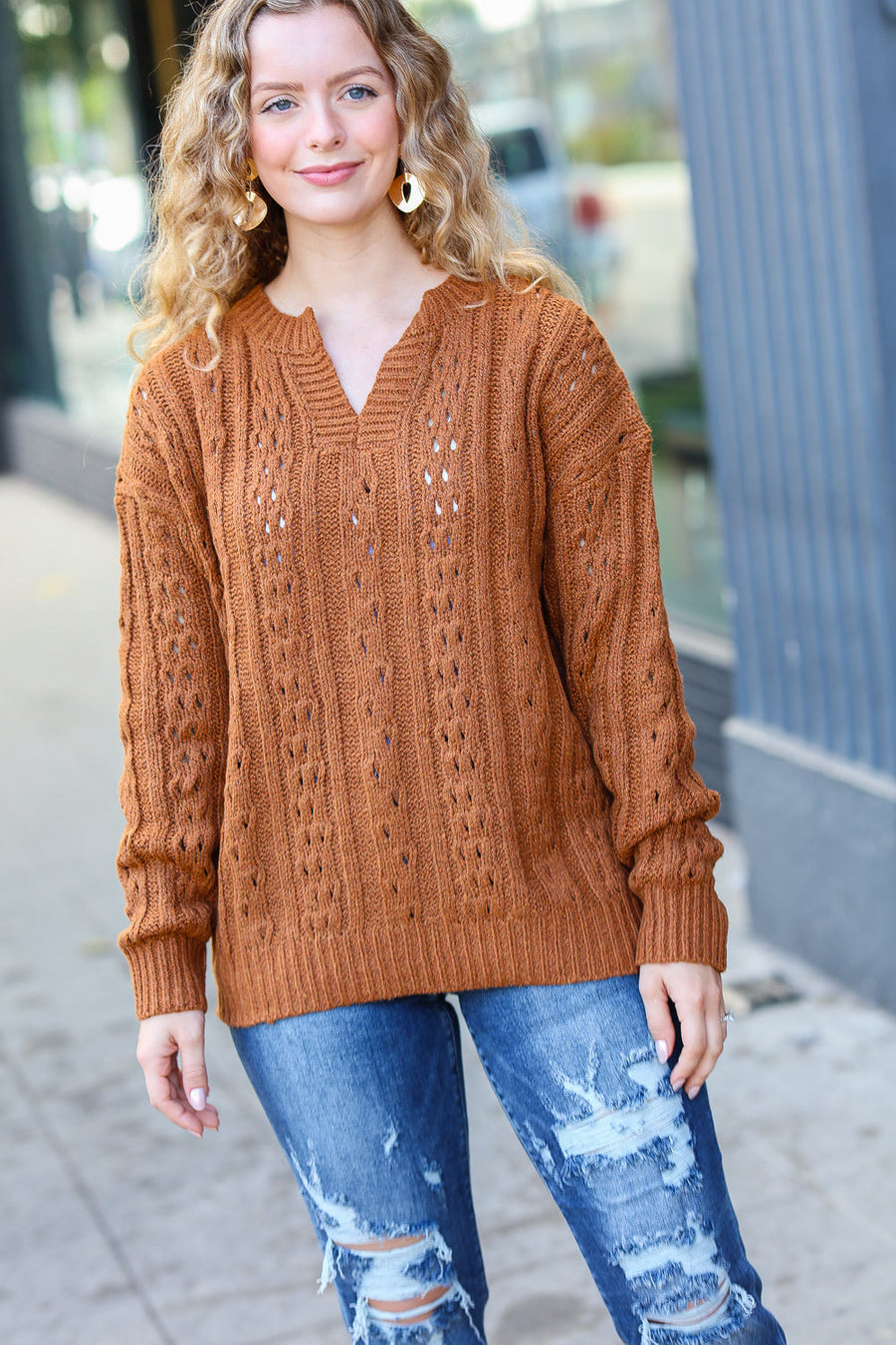 Cable Knit Knotched Neck Pullover Sweater