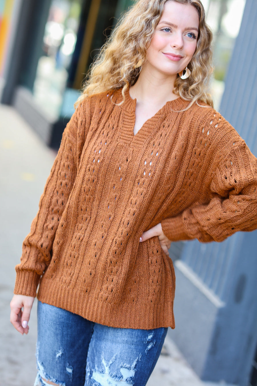 Cable Knit Knotched Neck Pullover Sweater