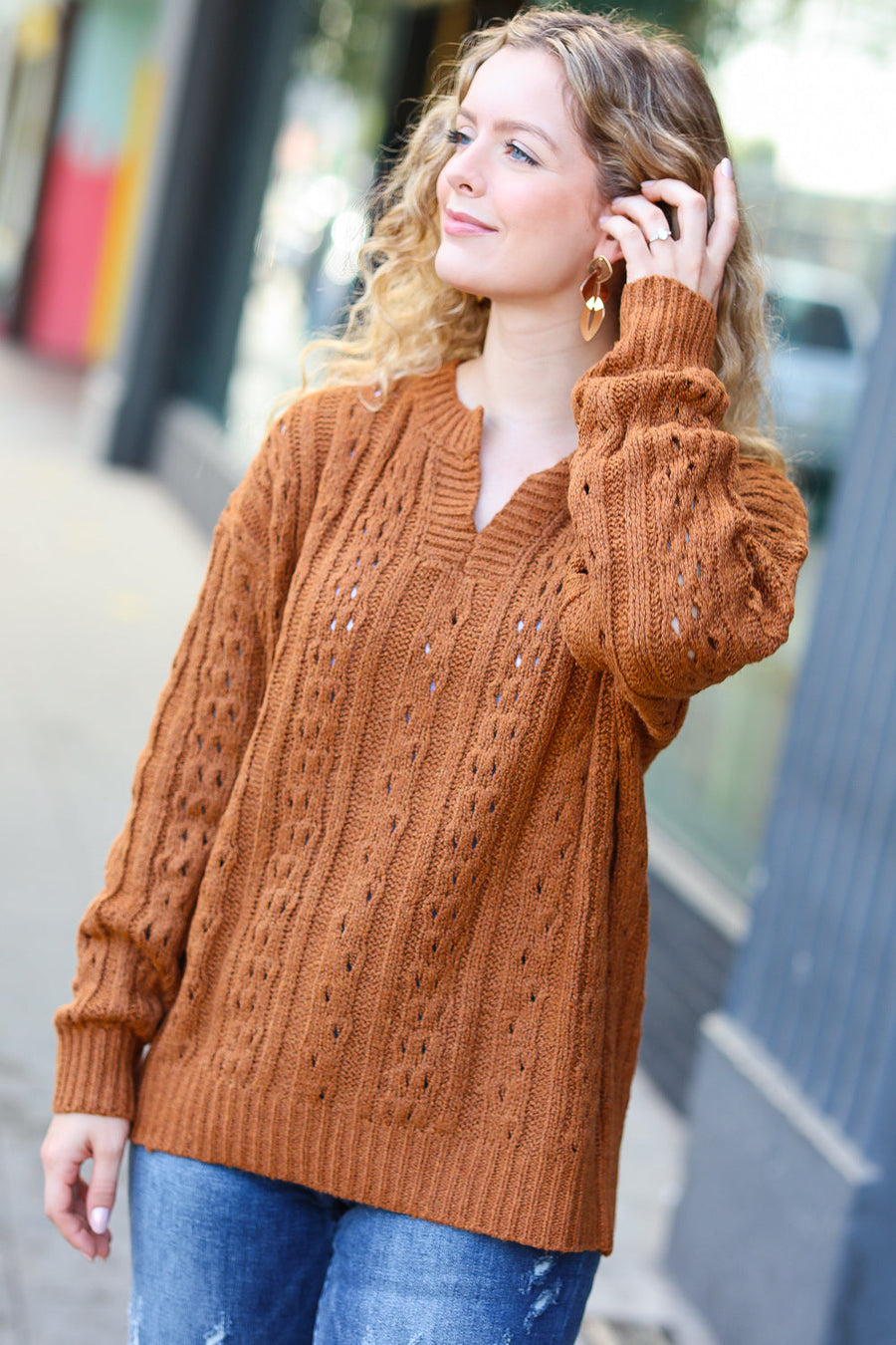 Cable Knit Knotched Neck Pullover Sweater