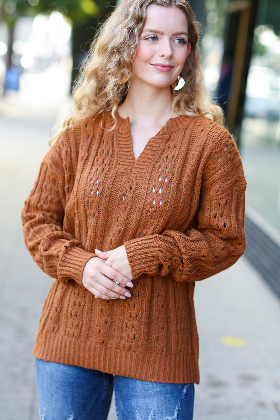Cable Knit Knotched Neck Pullover Sweater