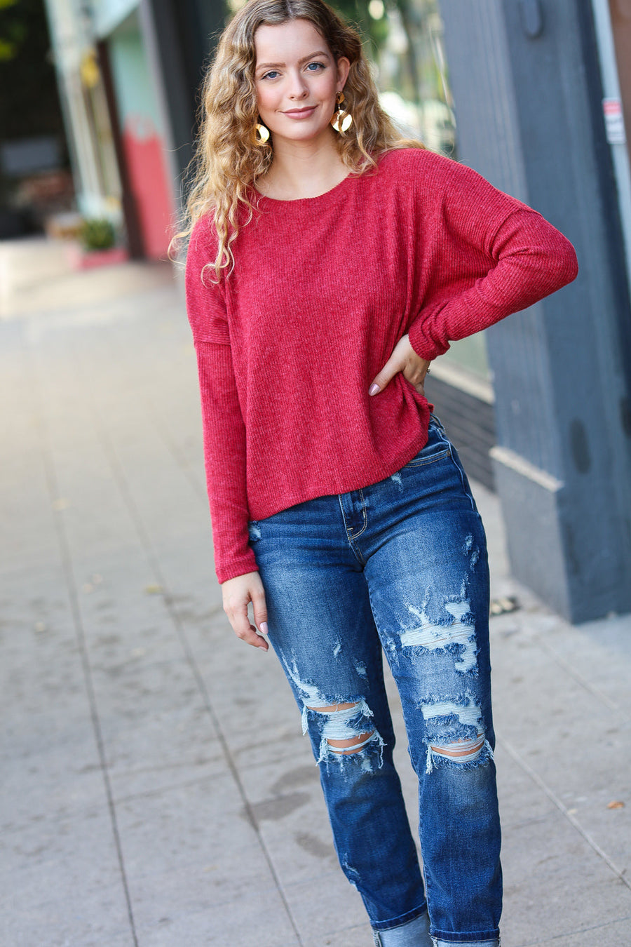 Red Ribbed Dolman Crop Sweater