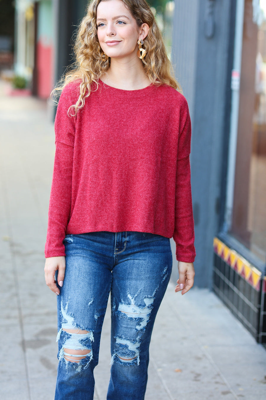 Red Ribbed Dolman Crop Sweater