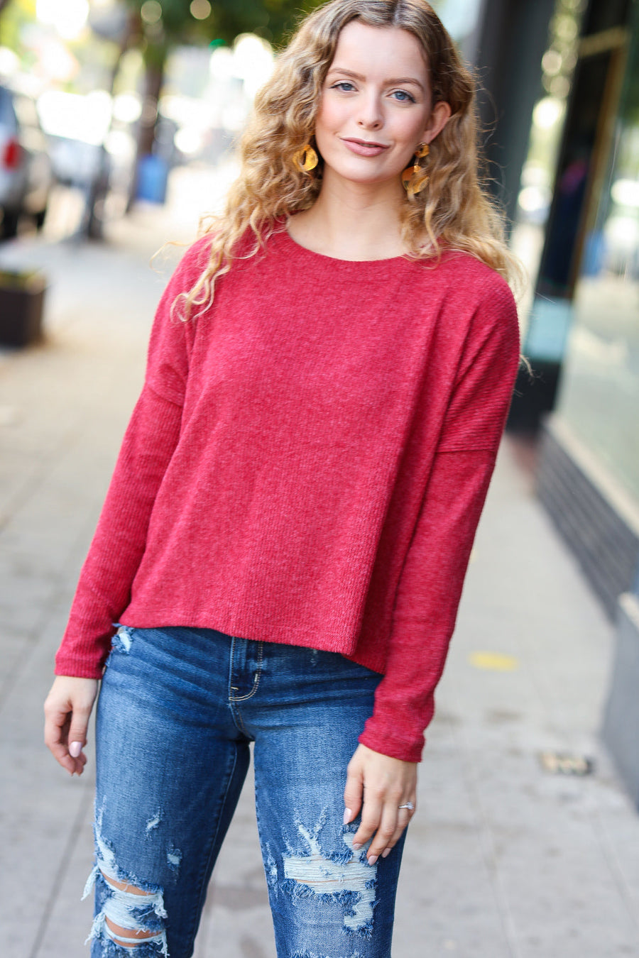 Red Ribbed Dolman Crop Sweater