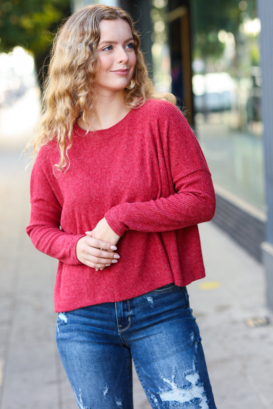 Red Ribbed Dolman Crop Sweater