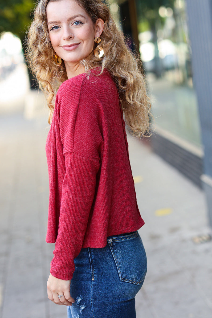 Red Ribbed Dolman Crop Sweater