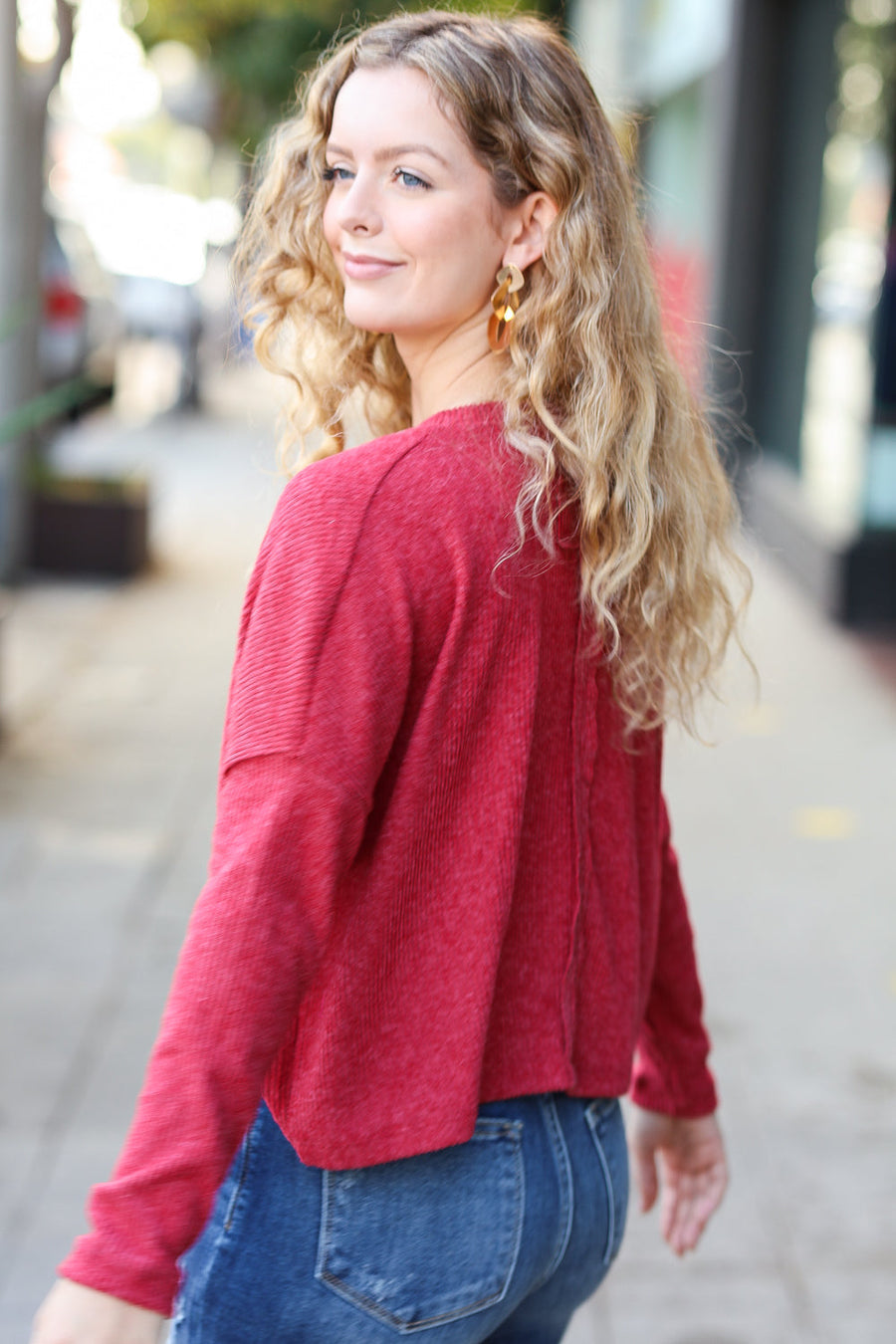 Red Ribbed Dolman Crop Sweater