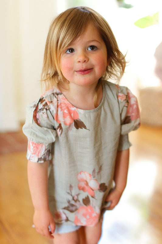 Kids Sage Floral Ruche Sleeve Blouse