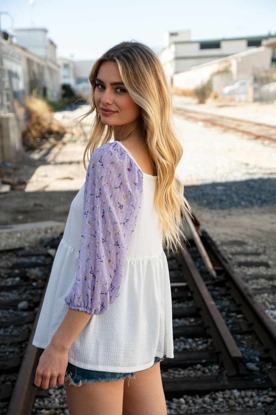 Small Ivory Lilac Swiss Dot Top