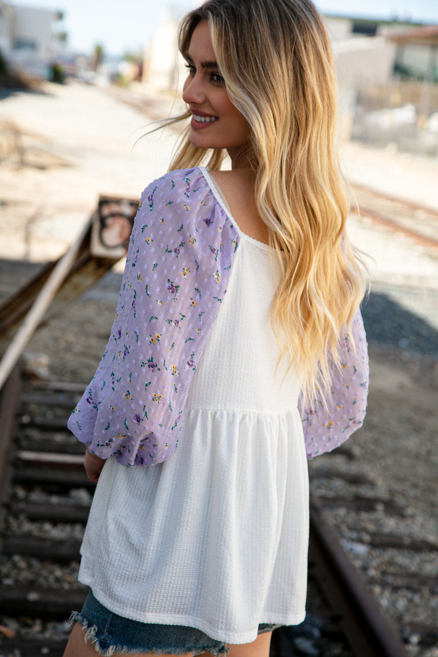 Small Ivory Lilac Swiss Dot Top