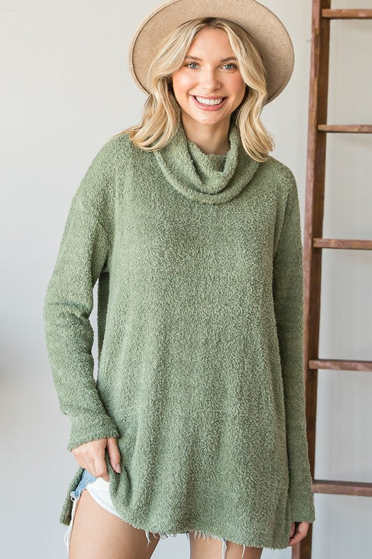 Medium Sage Bouncle Knit Cowl Sweater