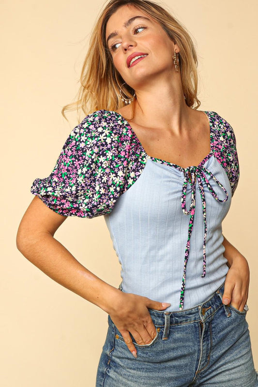 Blue Floral Ruched Sweetheart Top