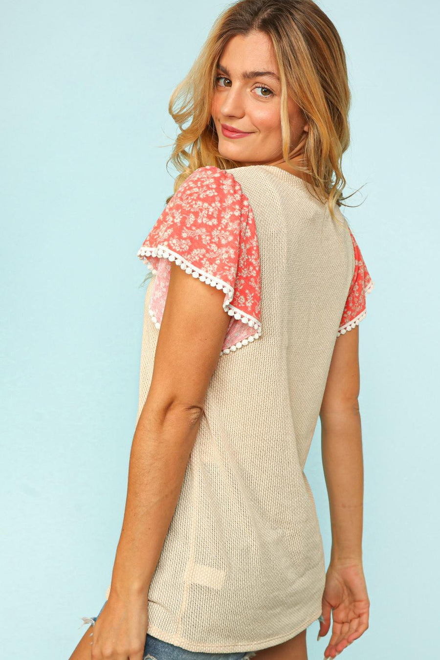 Oatmeal & Coral Sleeve Design Top