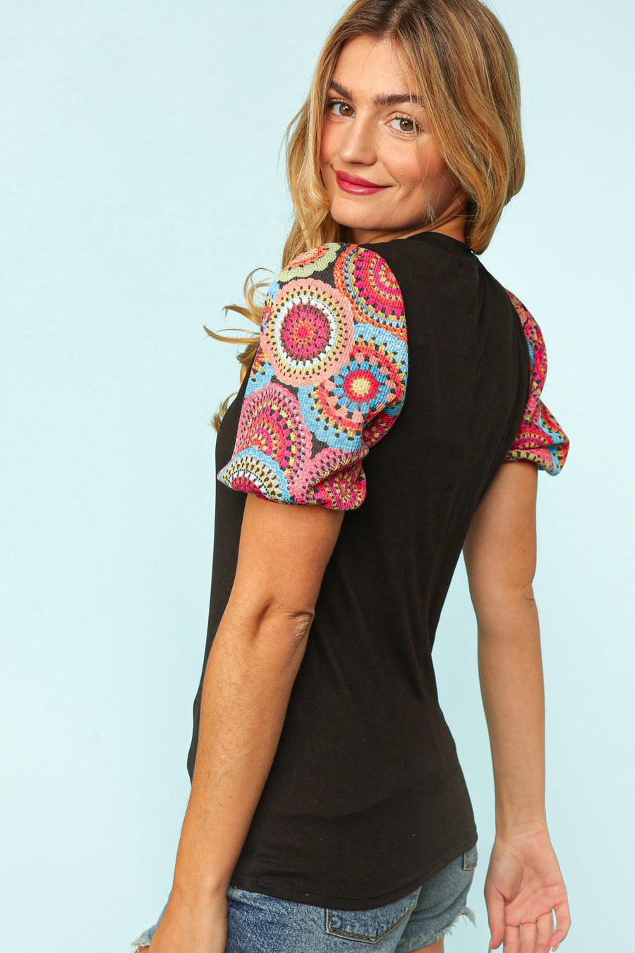 Black Crochet Lace Print Sleeve Top