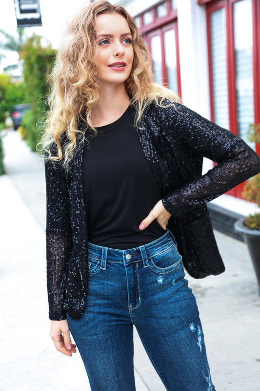 Black Sequin Open Blazer