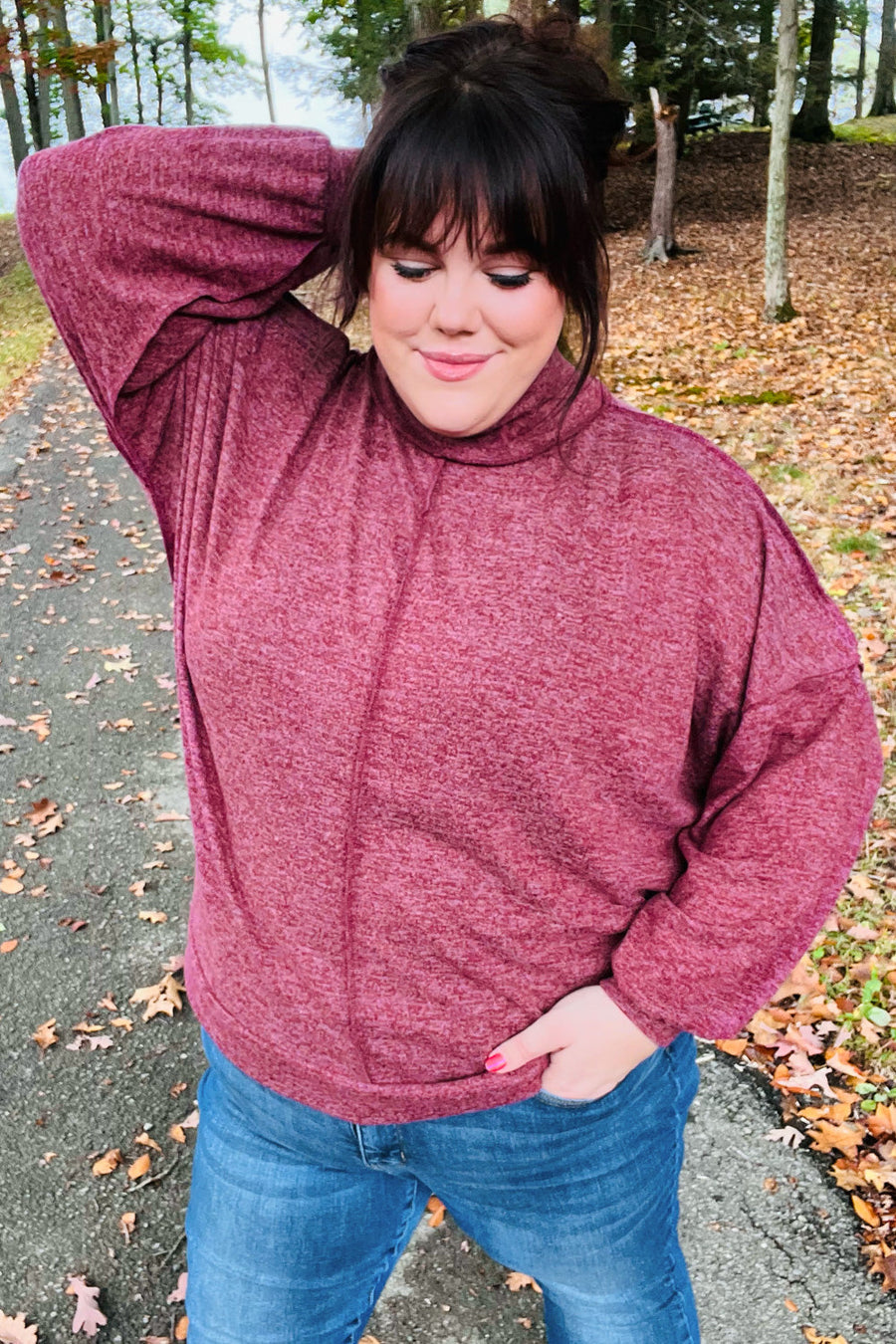 Burgundy Brushed Melange Mock Neck Sweater