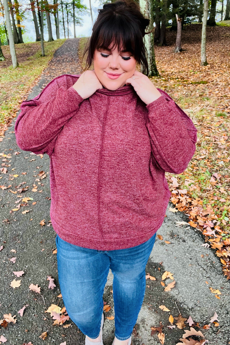 Burgundy Brushed Melange Mock Neck Sweater