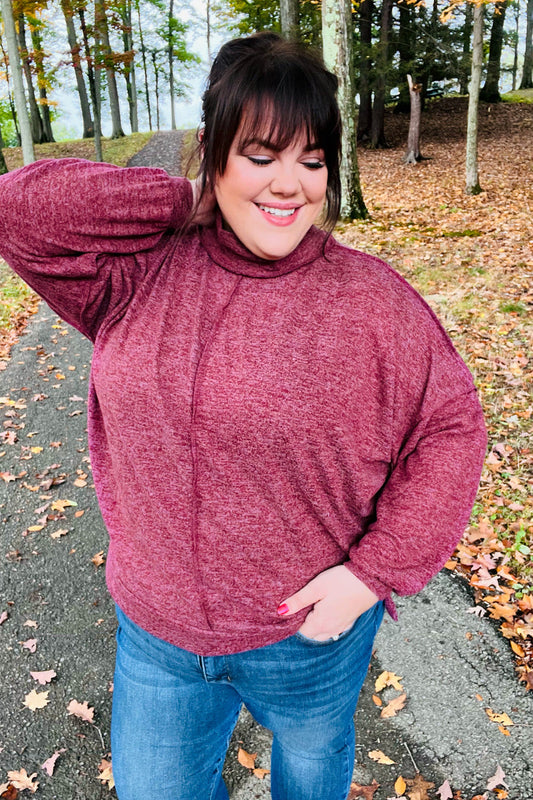 Burgundy Brushed Melange Mock Neck Sweater
