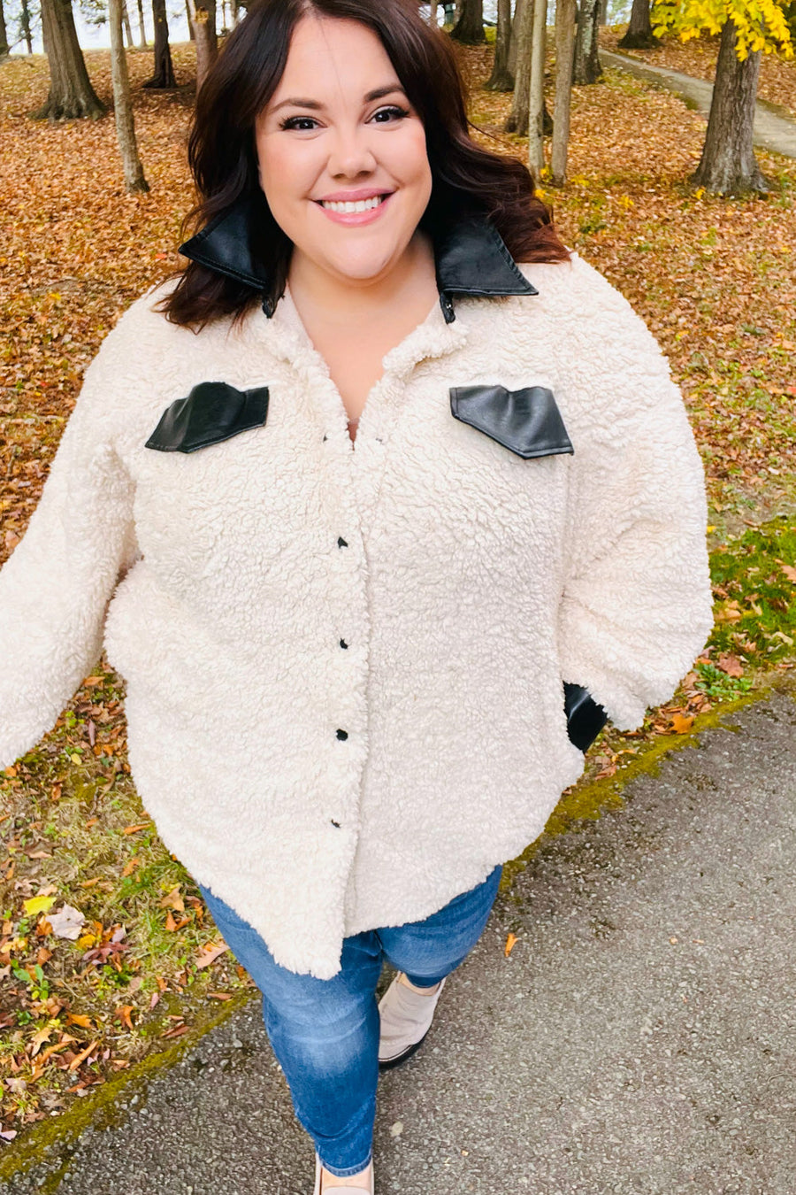 Ivory Sherpa Jacket with Faux Leather