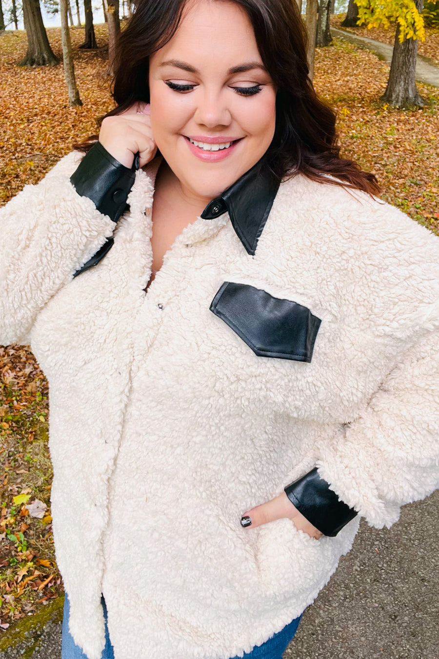 Ivory Sherpa Jacket with Faux Leather