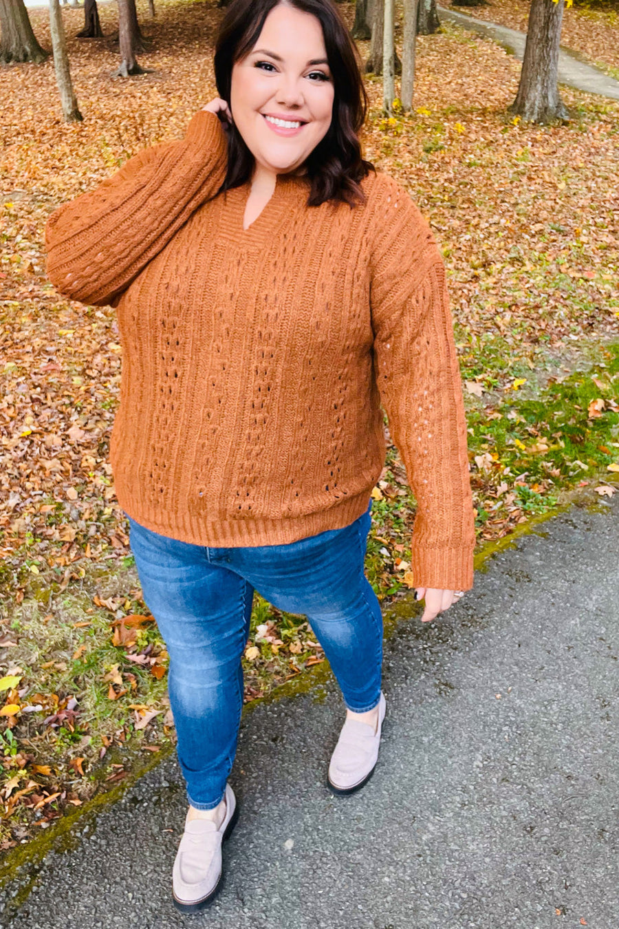Cable Knit Knotched Neck Pullover Sweater