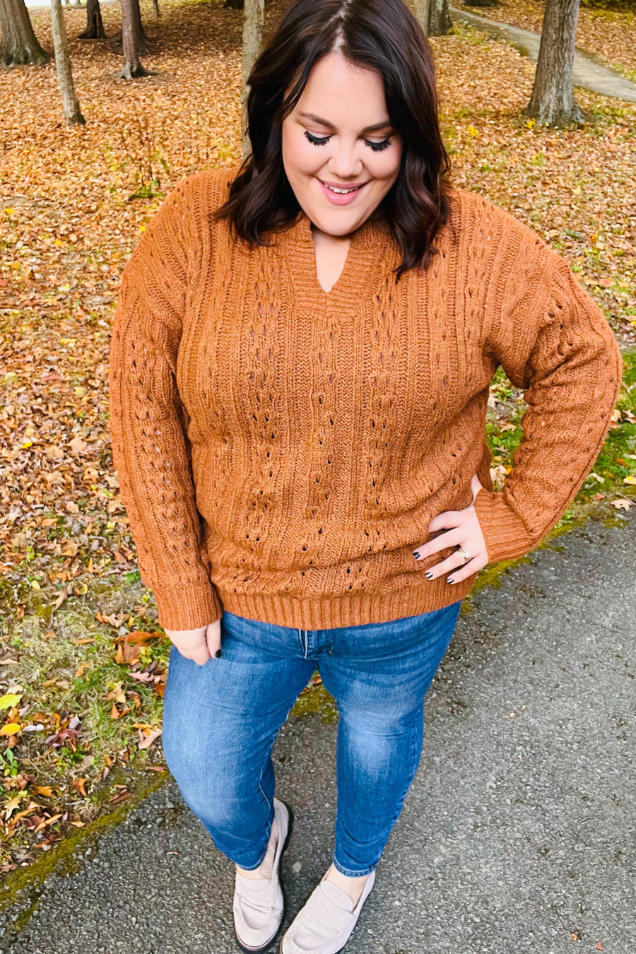 Cable Knit Knotched Neck Pullover Sweater