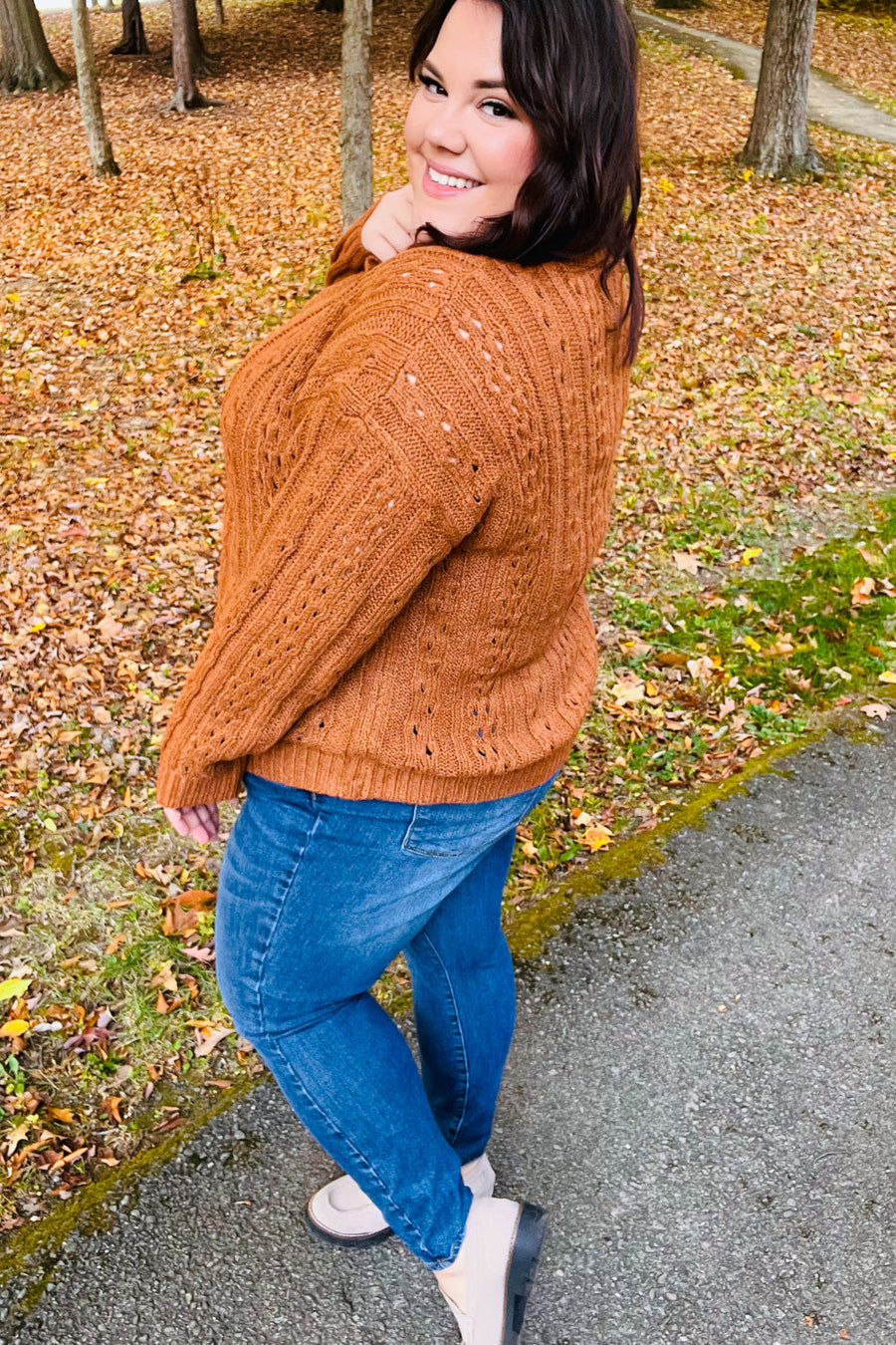 Cable Knit Knotched Neck Pullover Sweater