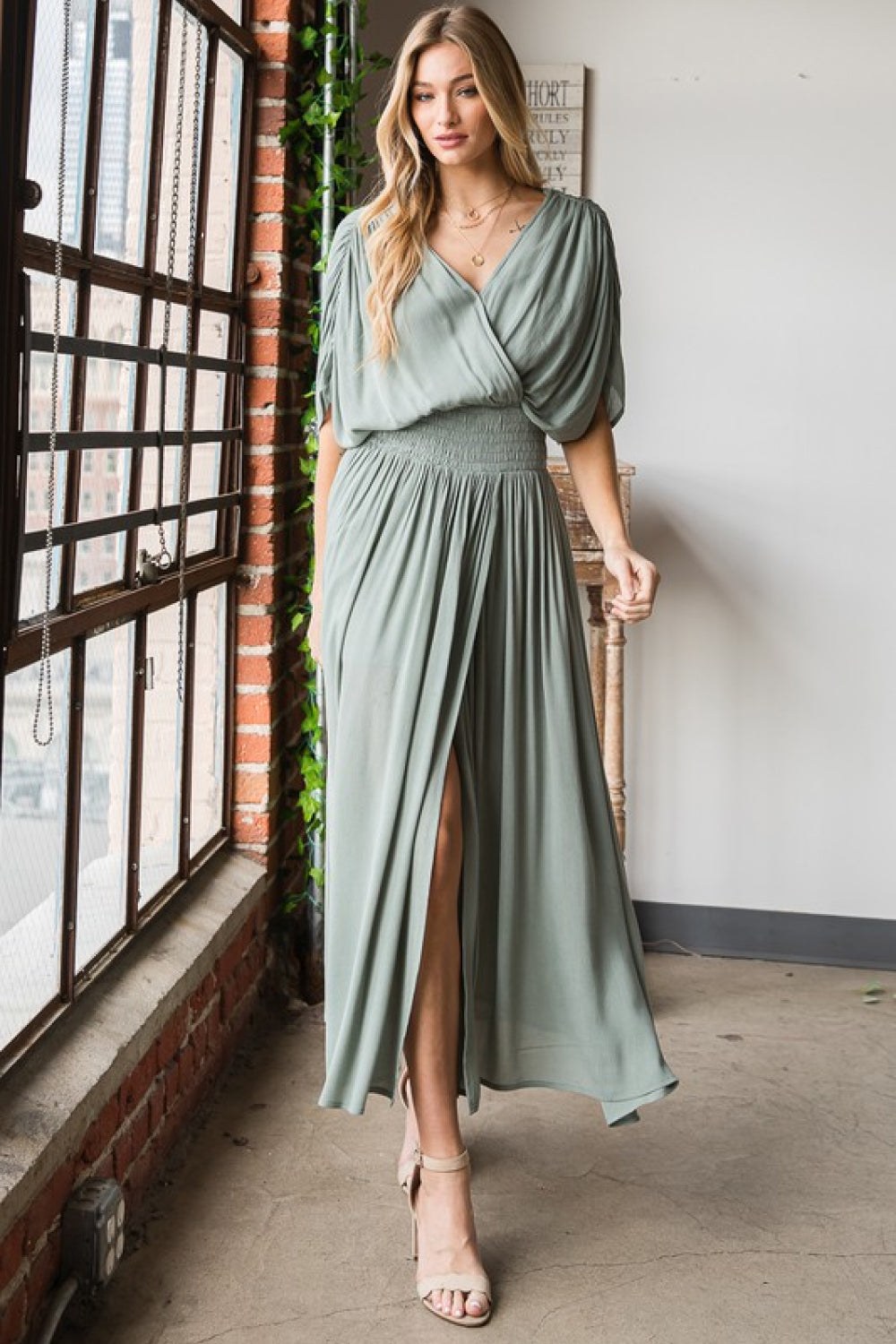 Sage Gauze Surplice Midi Dress