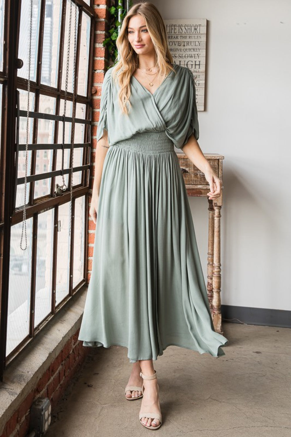 Sage Gauze Surplice Midi Dress