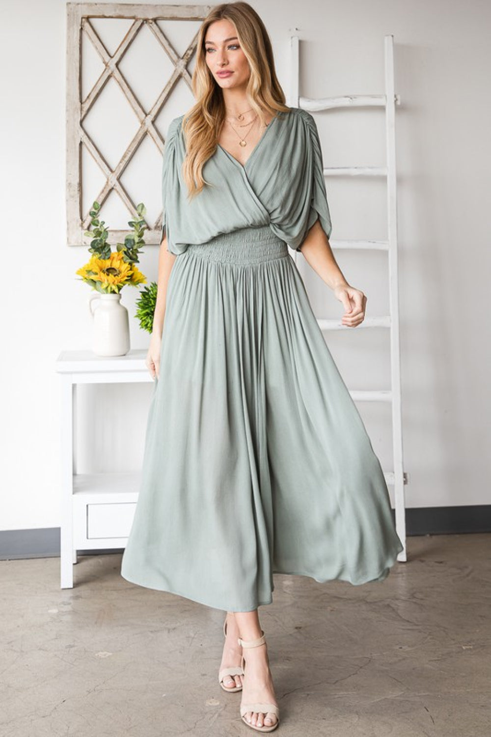 Sage Gauze Surplice Midi Dress