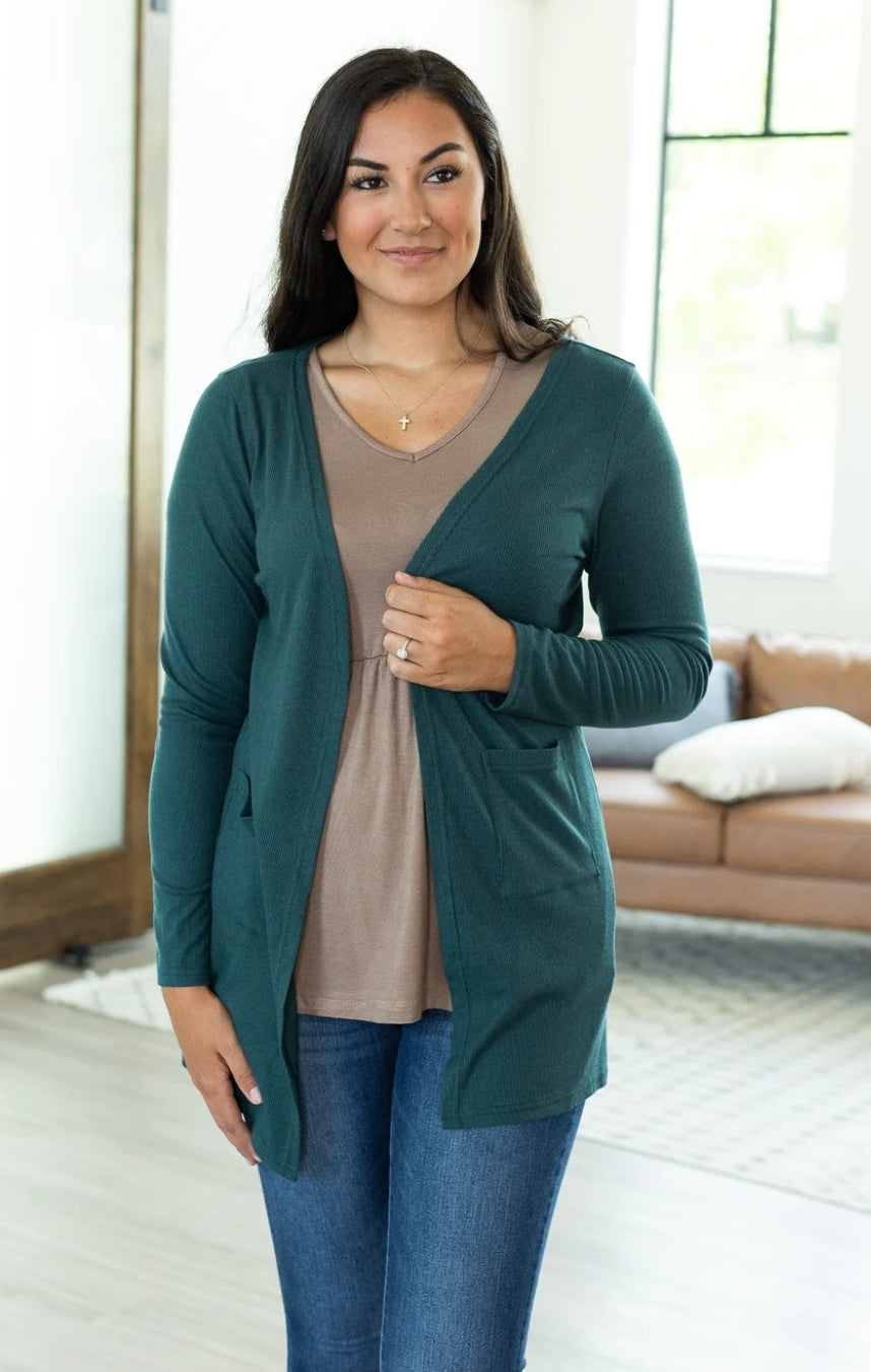 Large Rachel Ribbed Cardigan in Evergreen