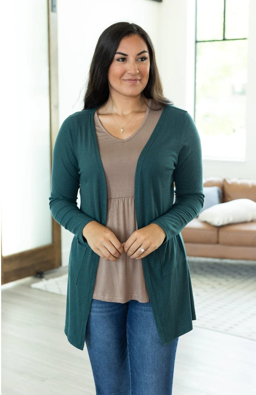 Large Rachel Ribbed Cardigan in Evergreen