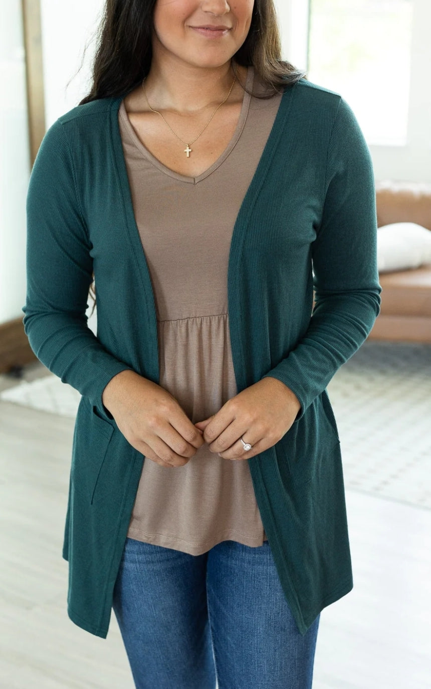 Large Rachel Ribbed Cardigan in Evergreen
