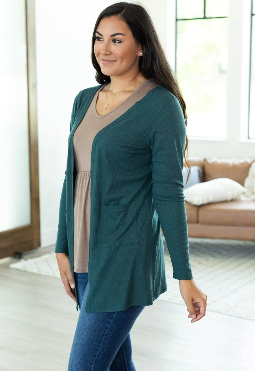Large Rachel Ribbed Cardigan in Evergreen