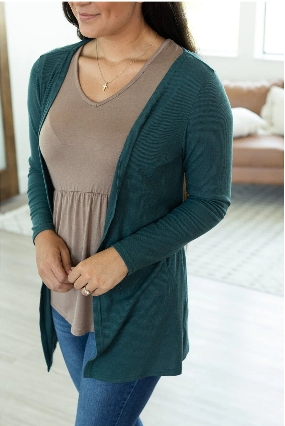 Large Rachel Ribbed Cardigan in Evergreen