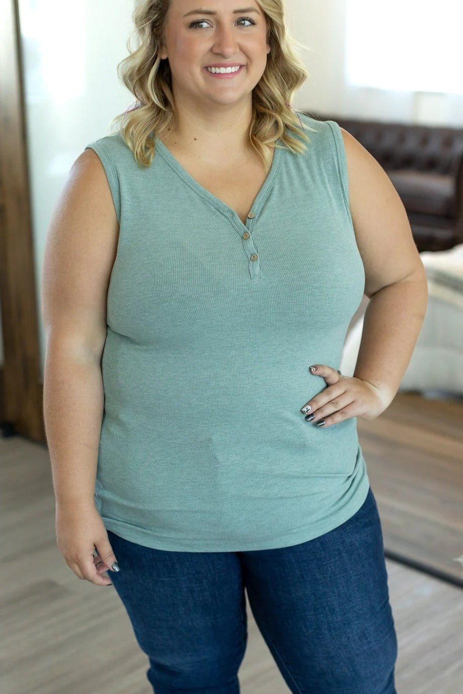 Heathered Sage Addison Henley Tank