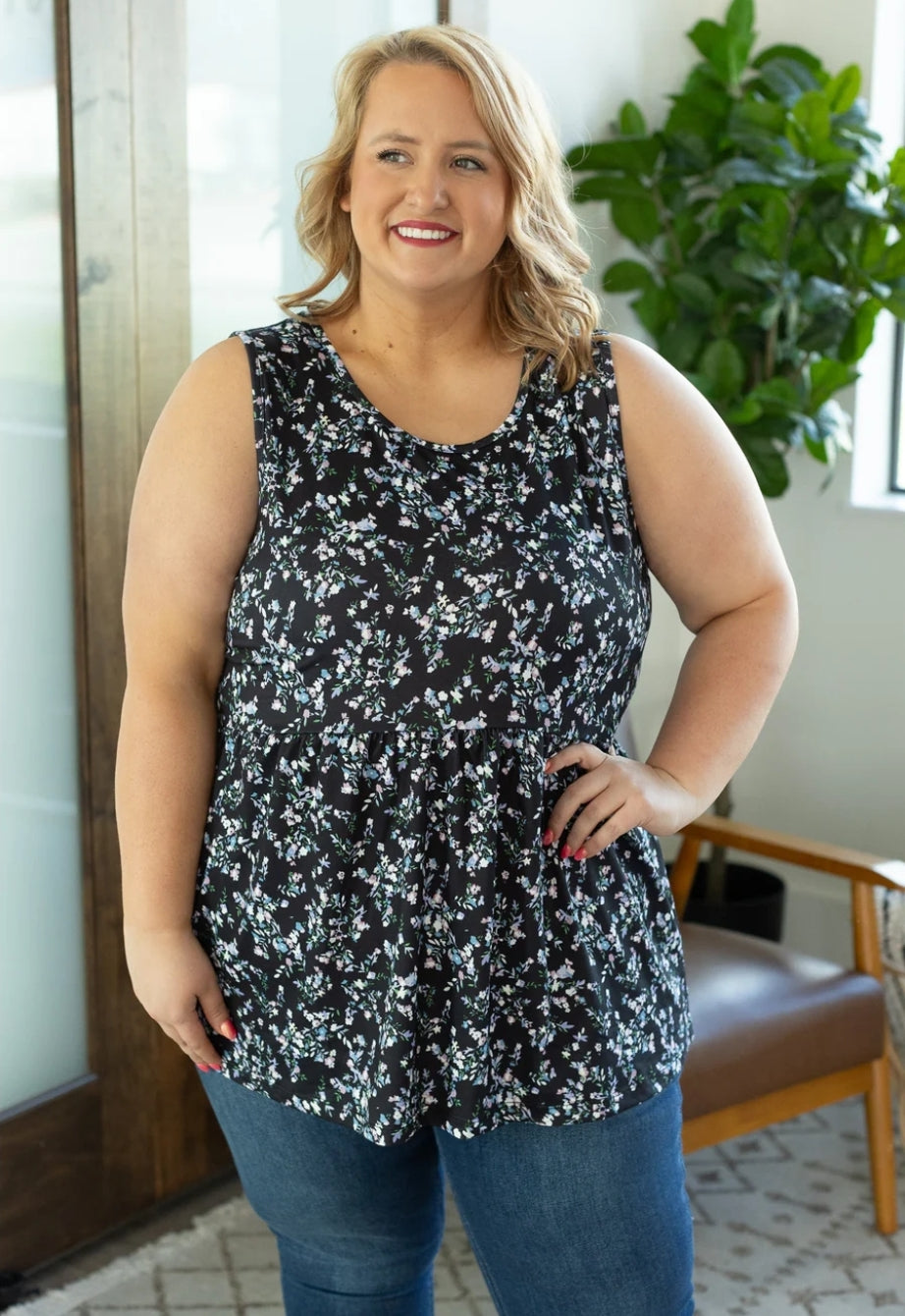Black Floral Renee Ruffle Tank
