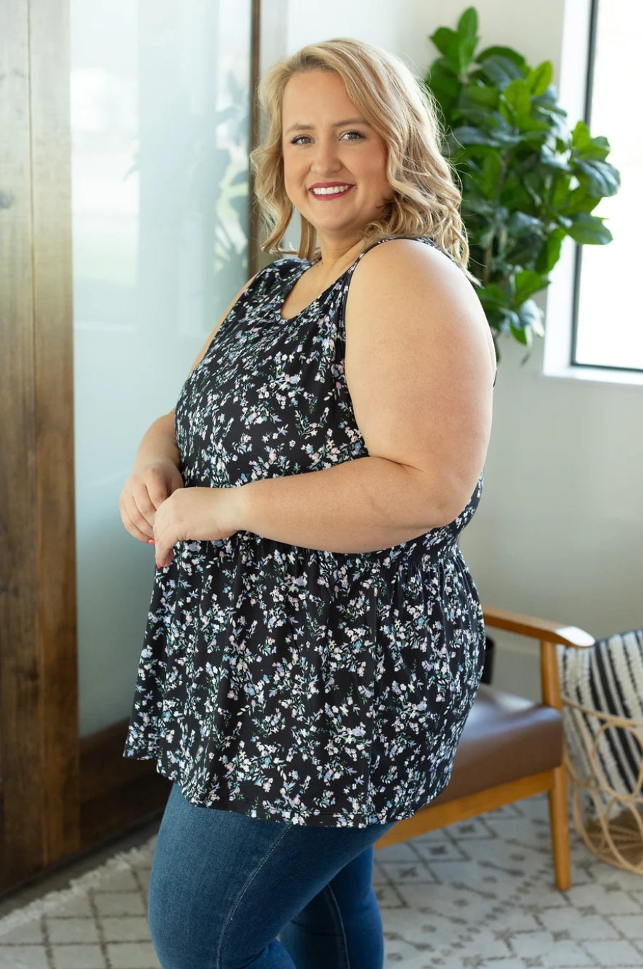 Black Floral Renee Ruffle Tank